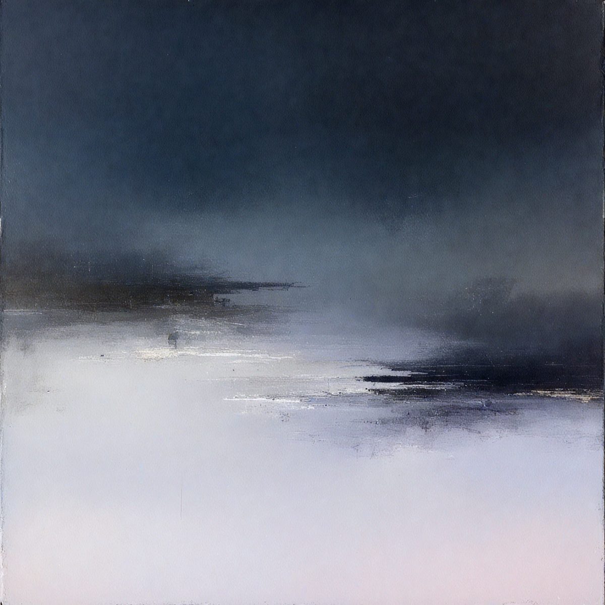 The primary subject of the image is a painting of a dark, foggy landscape. The setting is a cloudy sky, and the background features a rocky terrain. The visual style of the painting is a mix of digital art and illustration, creating a moody and atmospheric scene. The dominant colors in the painting are dark shades of blue and gray, which contribute to the overall mood of the piece.